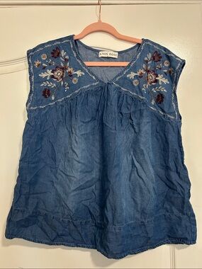 Knox Rose Denim Blue Embroidered Sleeveless Top